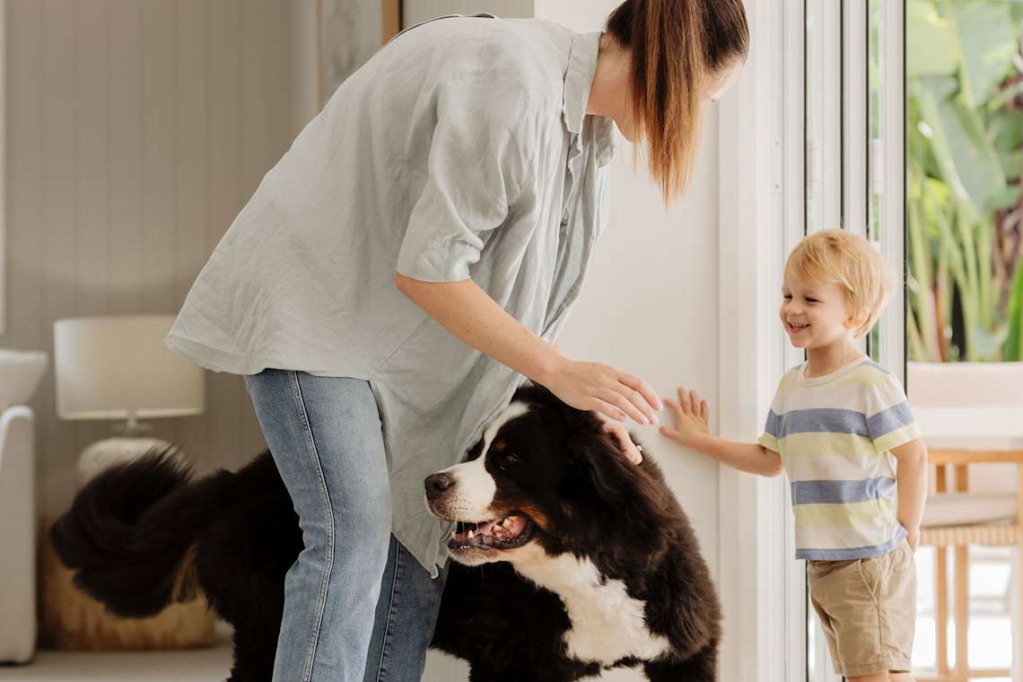Young mum and son with dog