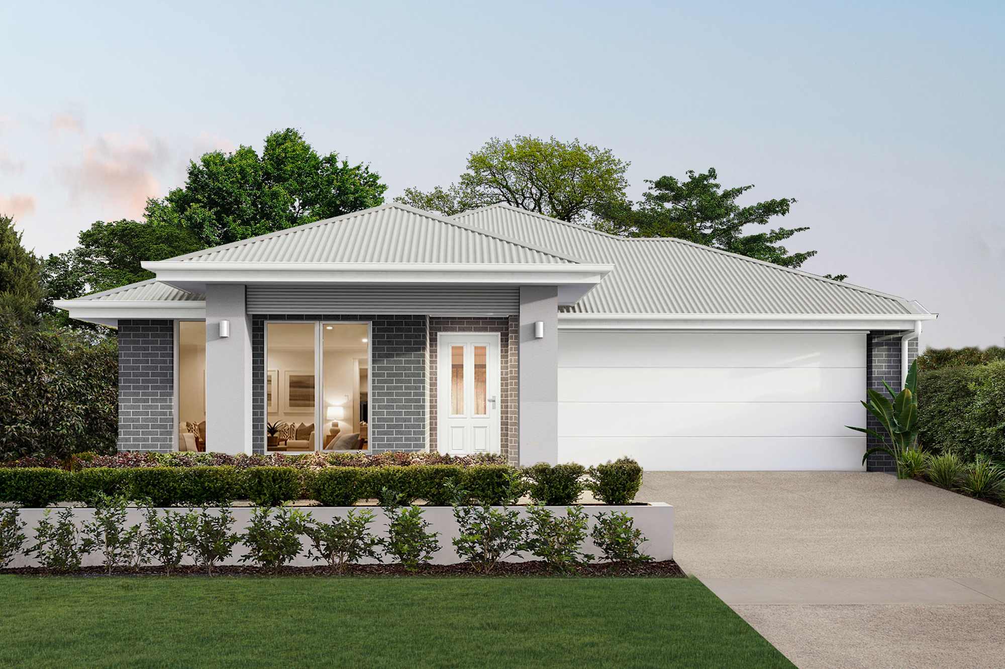 Dusk Four house design with Retreat facade in Classic Hamptons style